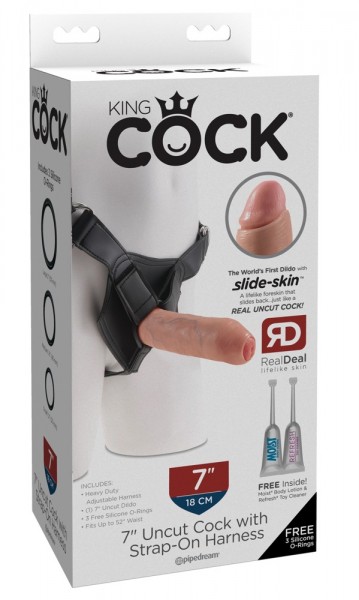 7" Uncut Cock with Strap-On Harness