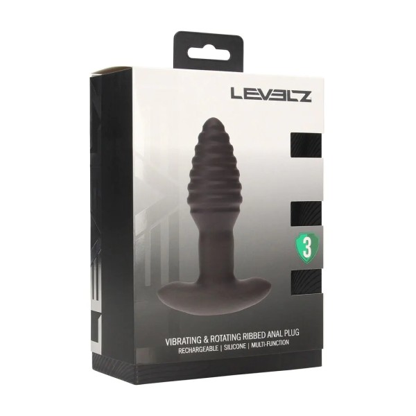 Vibrating Rotating Ribbed Silicone Anal Plug - Black